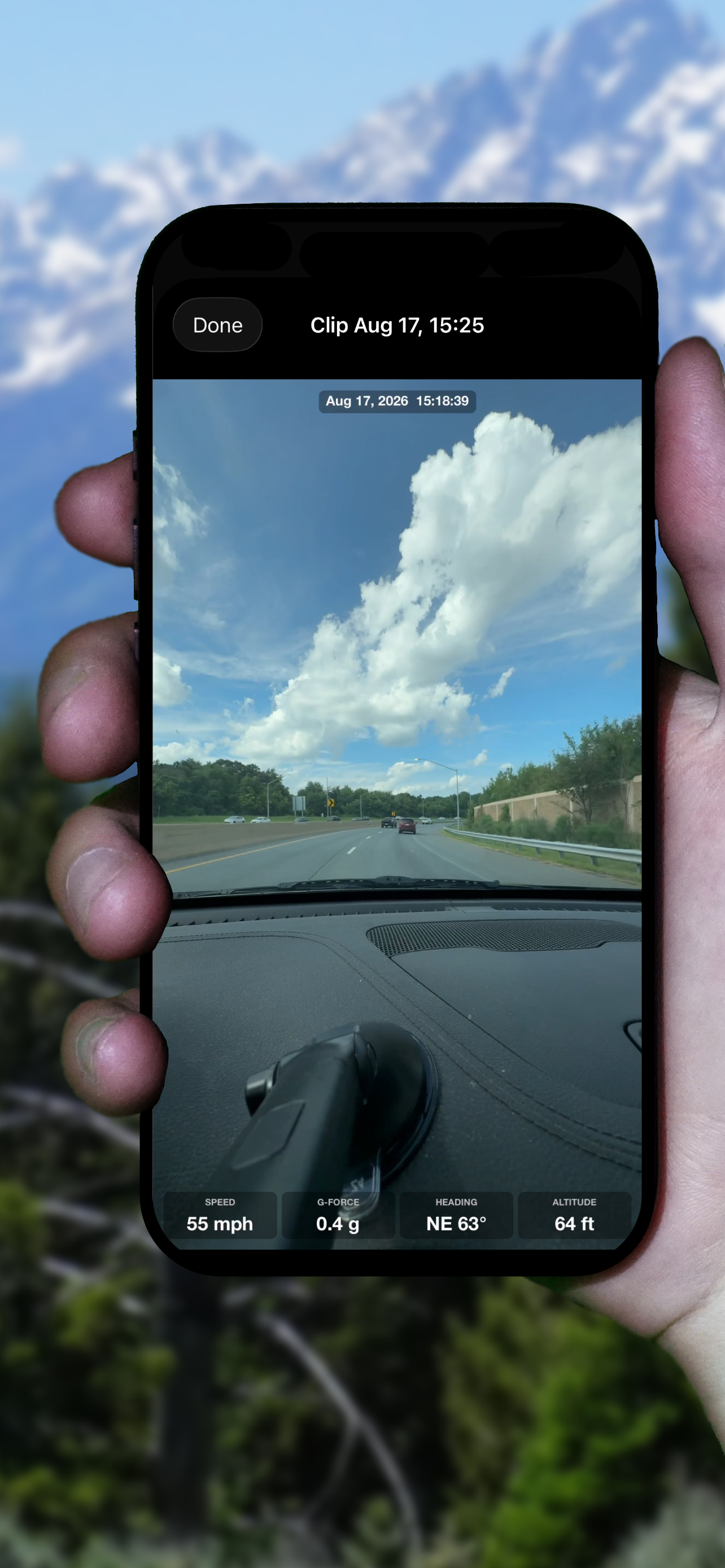 Playback of recorded GoDash dashcam footage with speed, g-force, heading and altitude overlaid