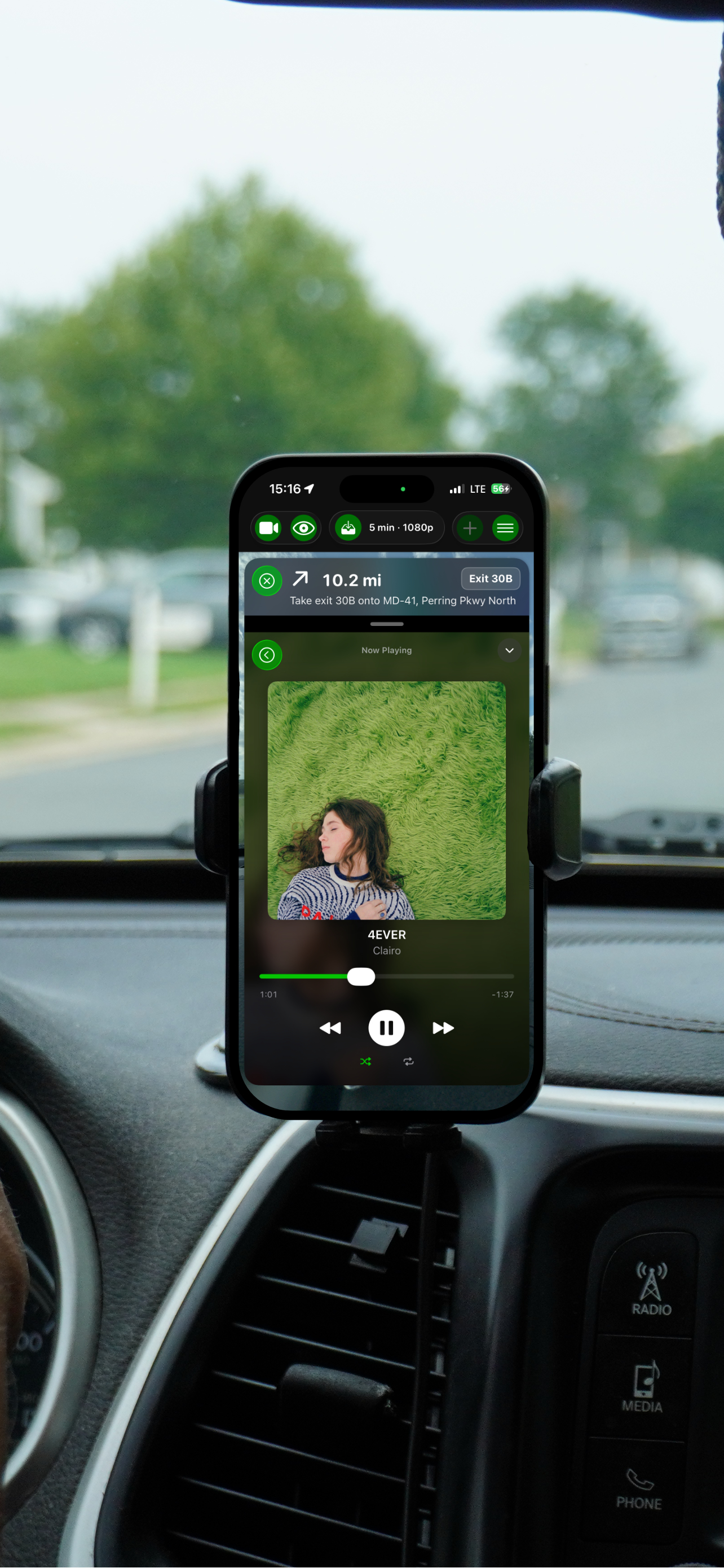 GoDash showing navigation above the Now Playing music player with full album artwork