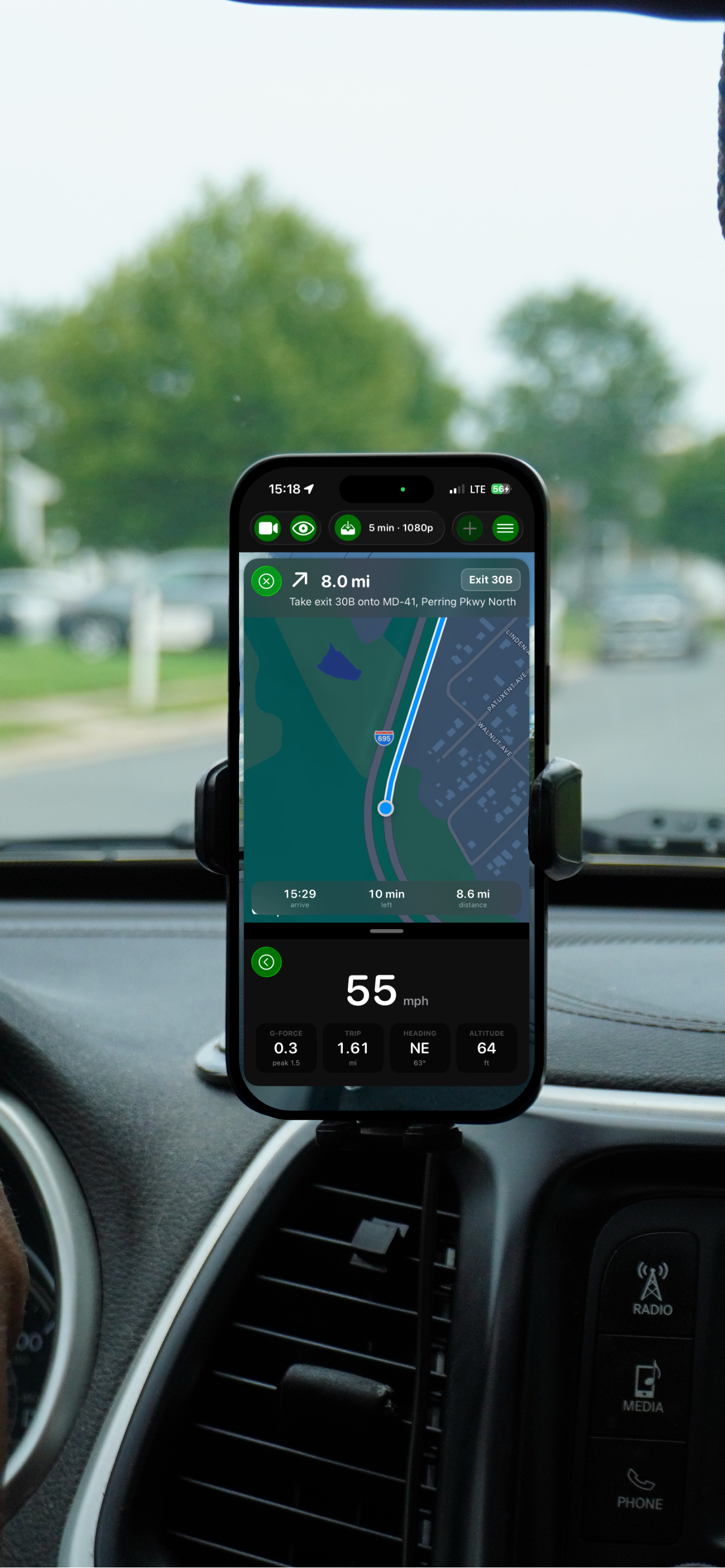 GoDash showing turn-by-turn navigation above live speed, g-force, trip, heading and altitude telemetry