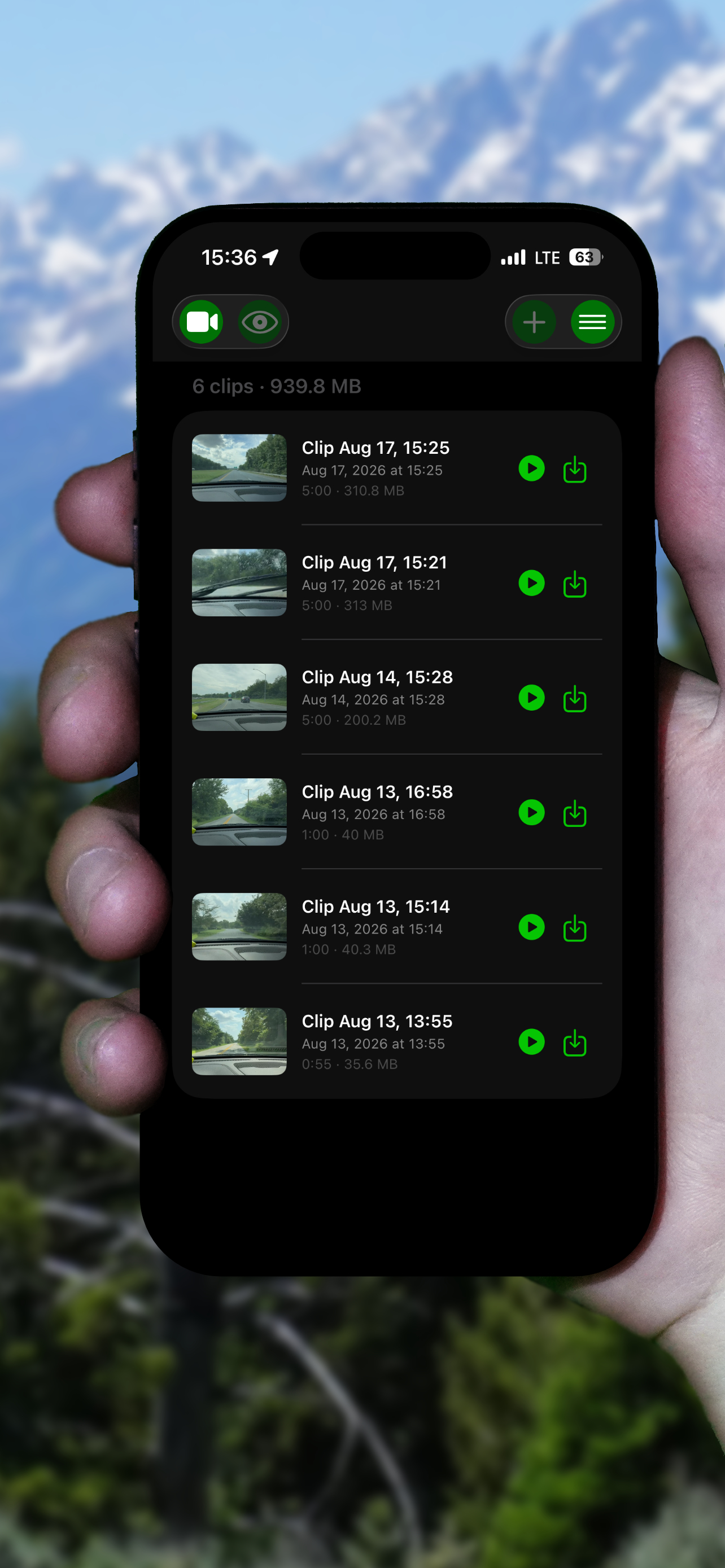 GoDash saved dashcam clips list with dates, durations and file sizes